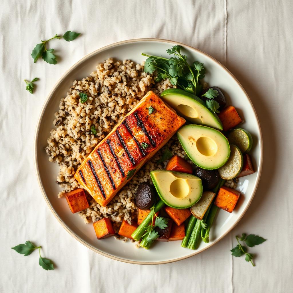 Gezond en kleurrijk bord met zalm, quinoa en groenten